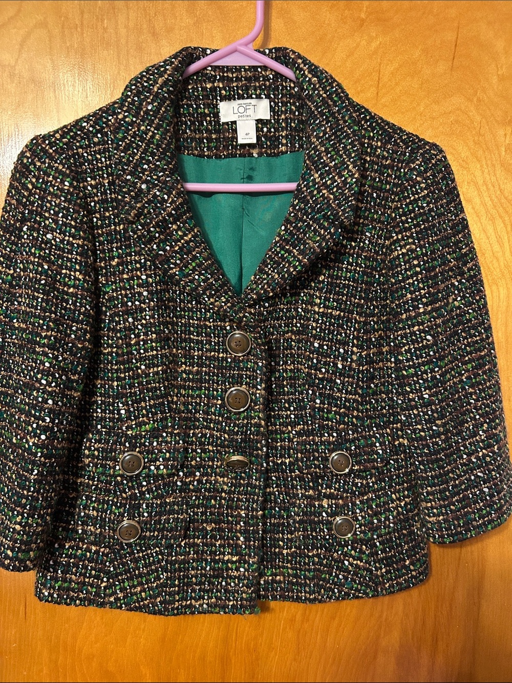 LOFT Multicolor Tweed Double-Breasted Blazer with Green Lining